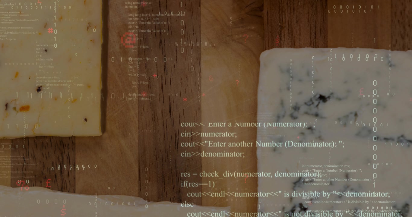 3 cheese blocks still, faint binary appearing then spreading into scrolling code to show data