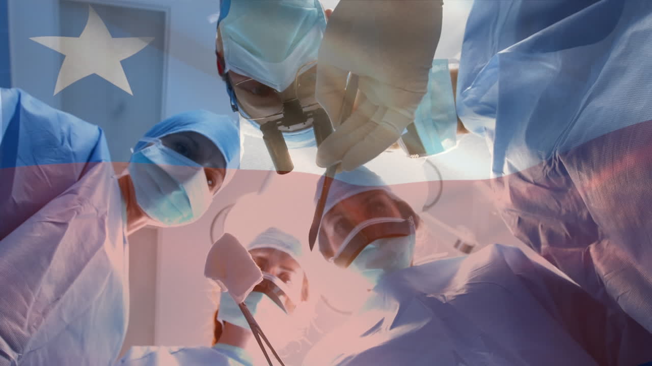 animación de la bandera de chile ondeando sobre los cirujanos con máscaras faciales