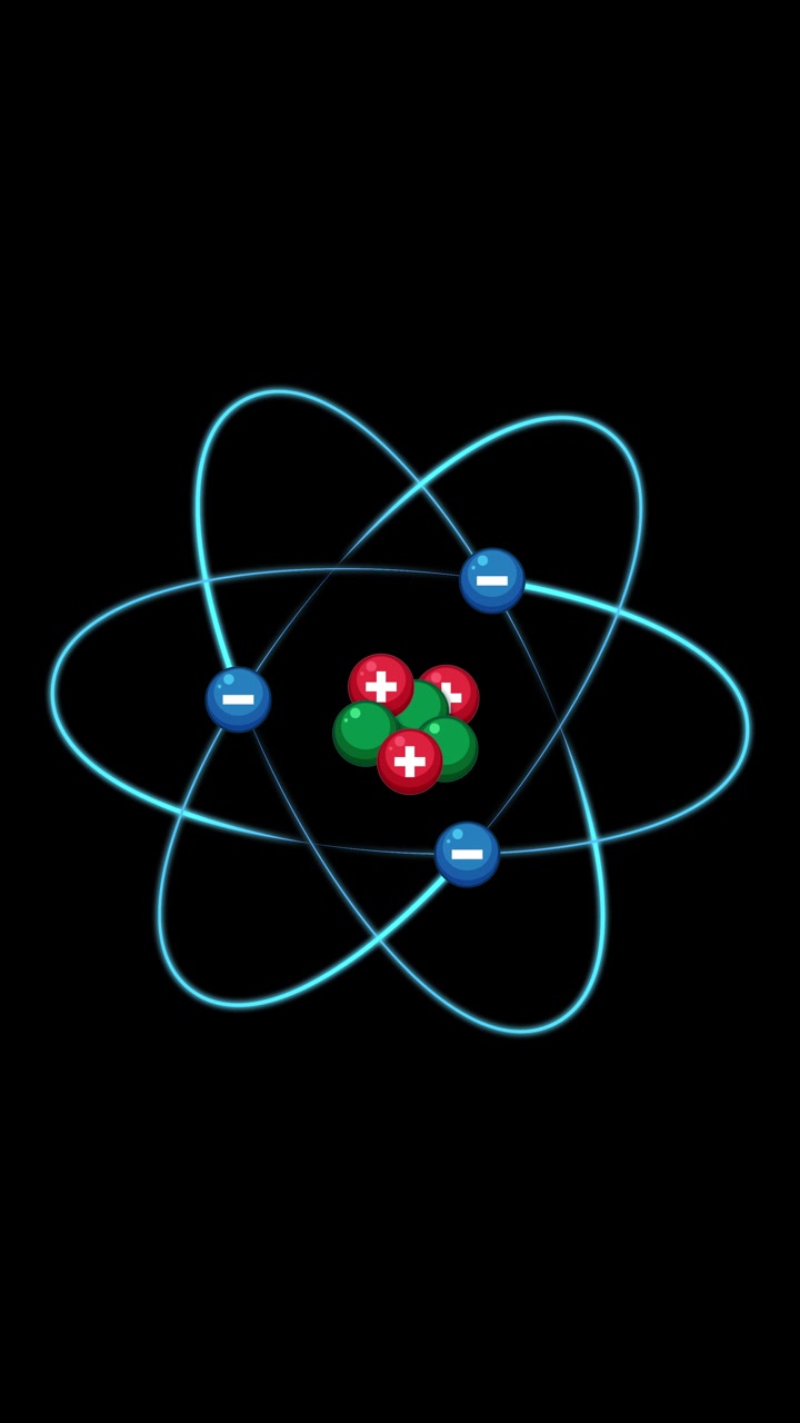 Animated atom rotates vertically, showing nucleus and electrons in glowing orbits, dark background, smooth transitions
