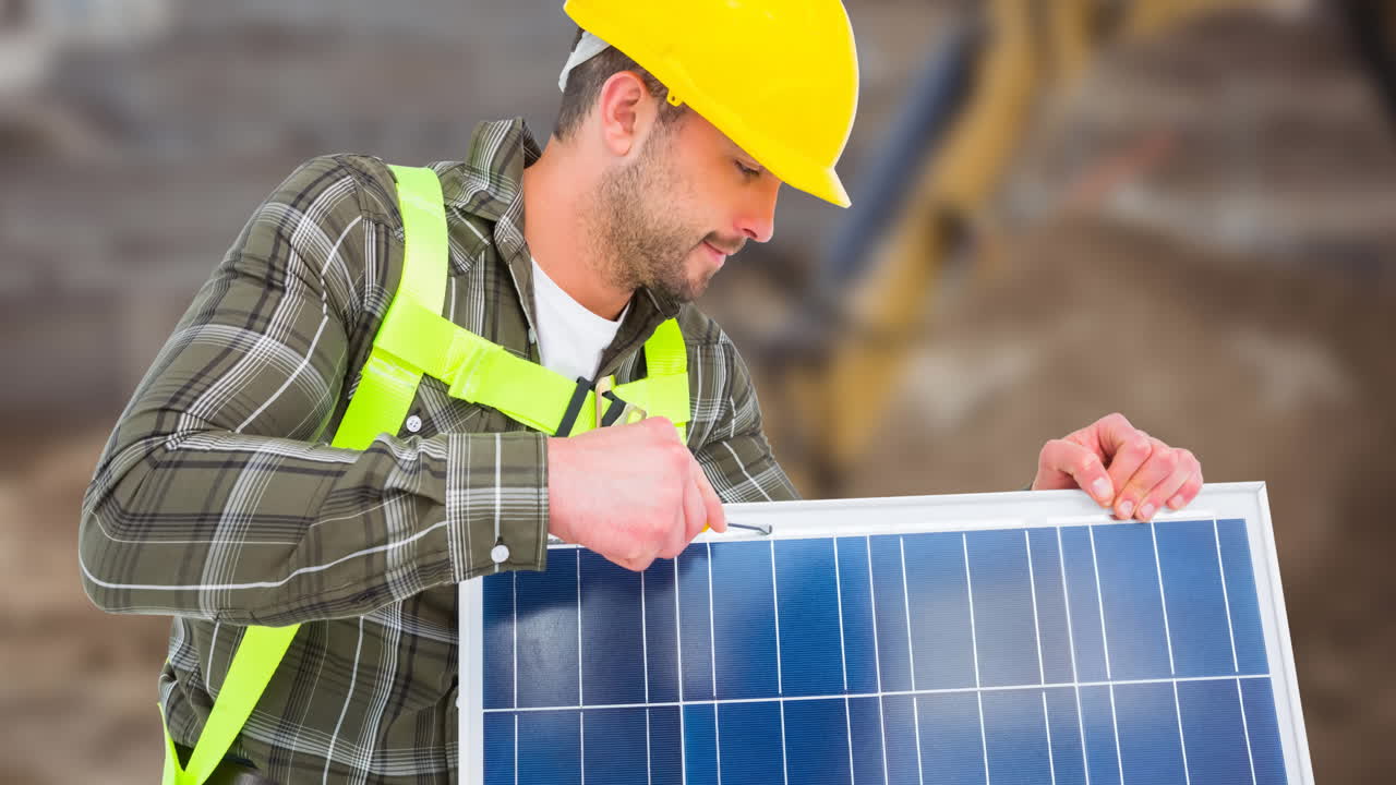Animation of caucasian male worker with solar panel over building site