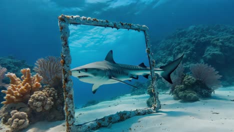 tiger shark framed in an underwater coral reef scene
