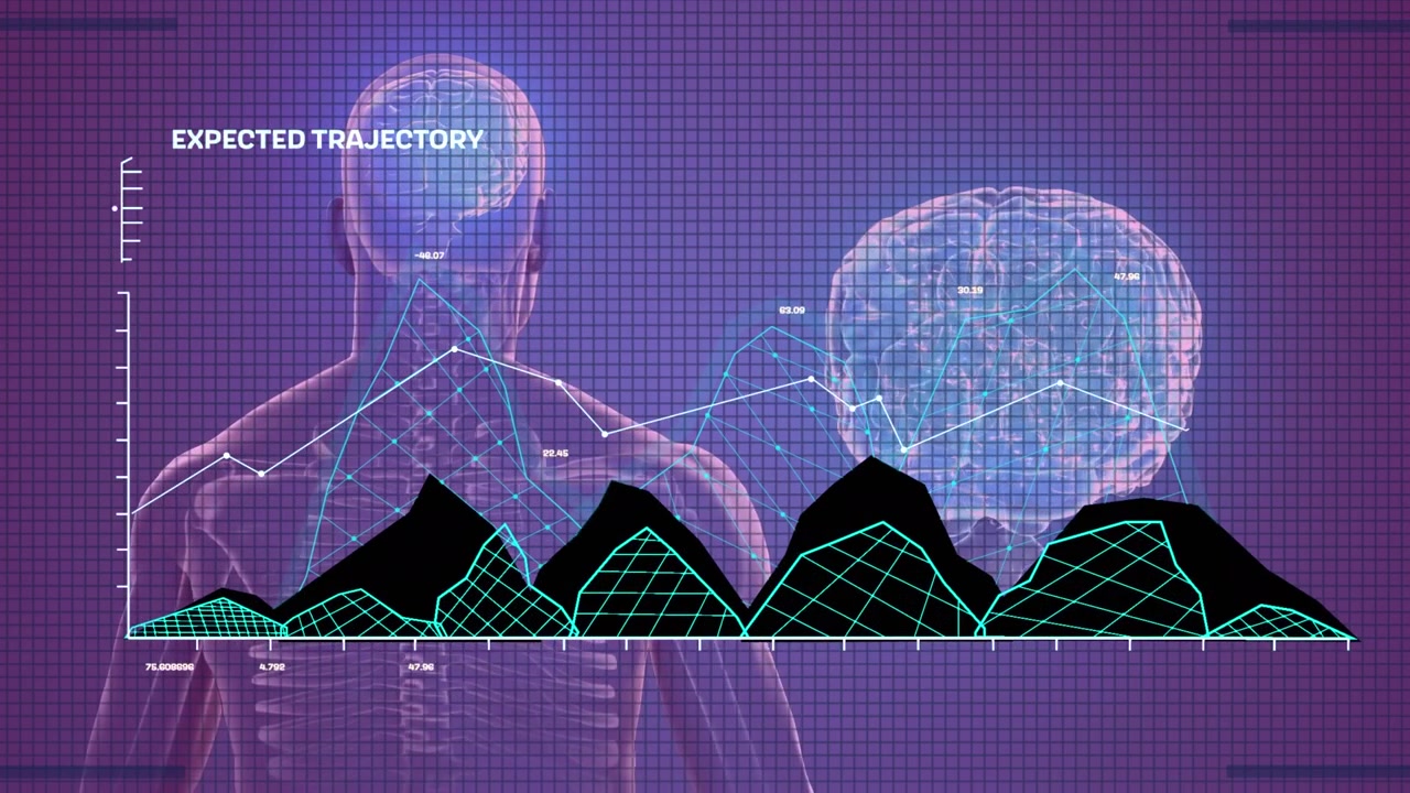 Animation of graphs and brain over human model on violet background
