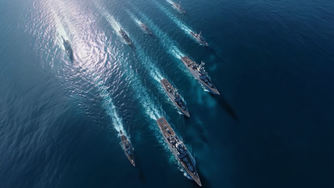 La veduta aerea mostra una flotta navale che naviga in formazione attraverso un oceano blu profondo. La luce del sole scintilla sull'acqua mentre le navi lasciano scie bianche dietro di sé. Questo filmato cattura la potenza militare.