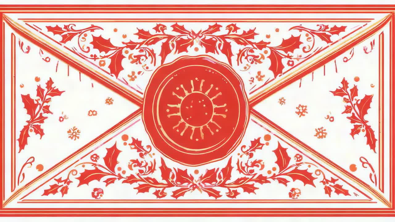 Zooming cam moving medallion inward on white field, frames advancing and emphasizing seal and holly