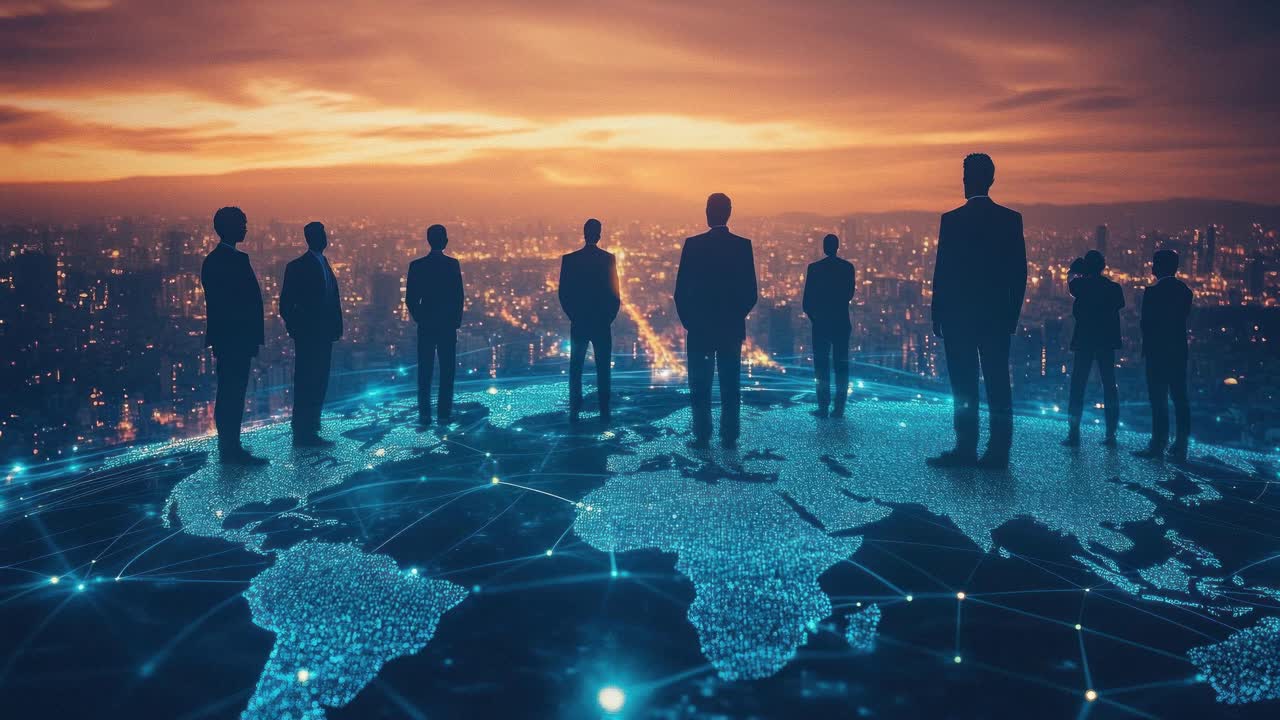 Silhouetted figures stand on a digital world map, overlooking a cityscape at sunset