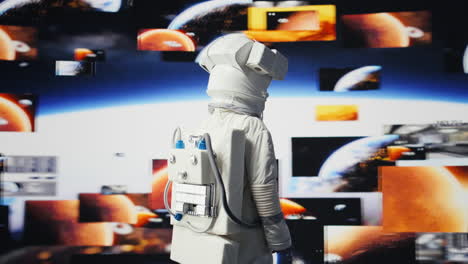 male astronaut in a space suit floats in orbit above earth