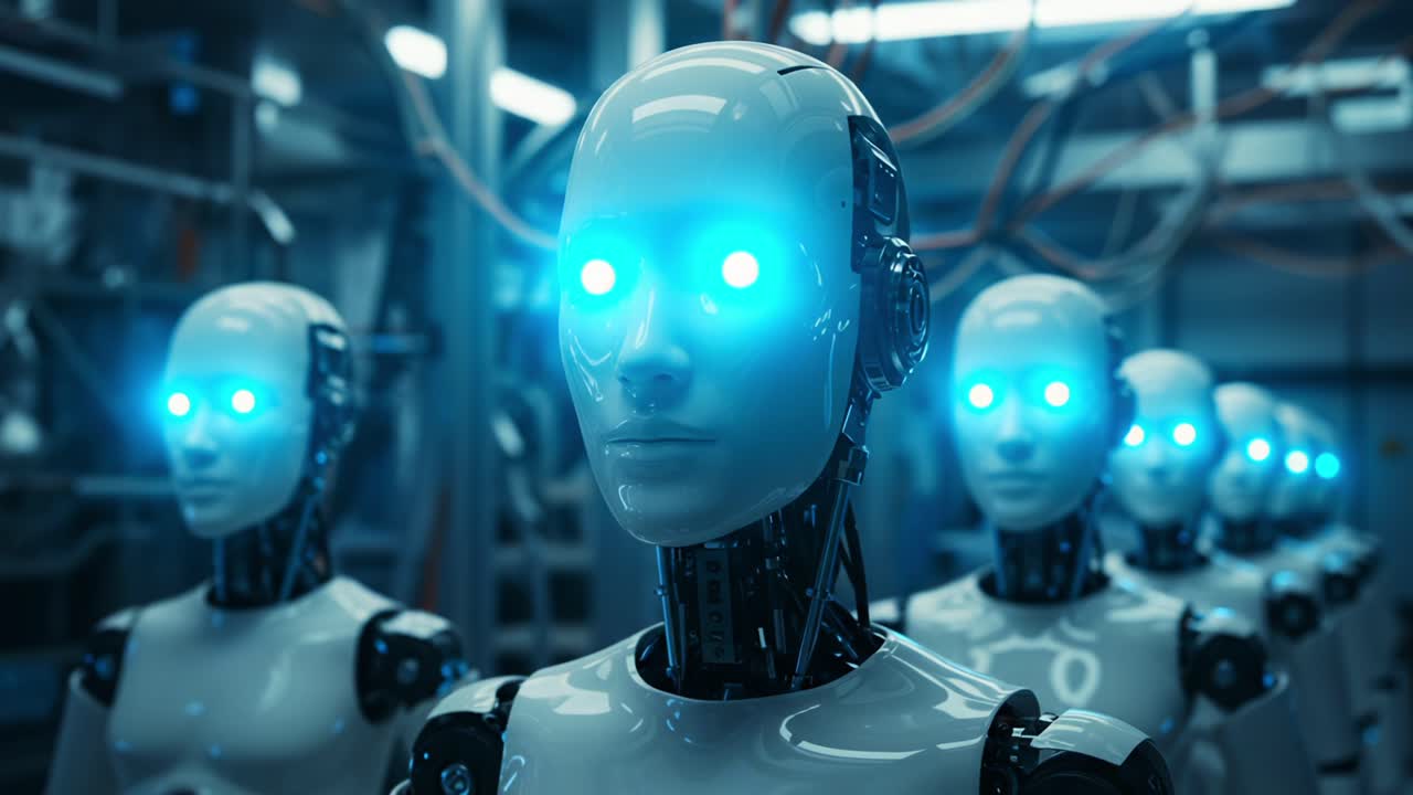A group of futuristic humanoid robots with glowing blue eyes stands in a high-tech facility, embodying the advancements of robotics and artificial intelligence in modern society