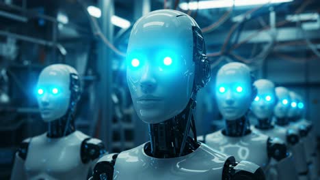a group of futuristic humanoid robots with glowing blue eyes stands in a high-tech facility, embodying the advancements of robotics and artificial intelligence in modern society