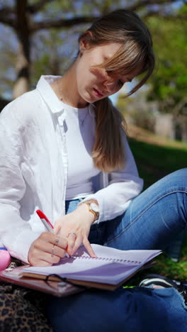 young woman writing in a park