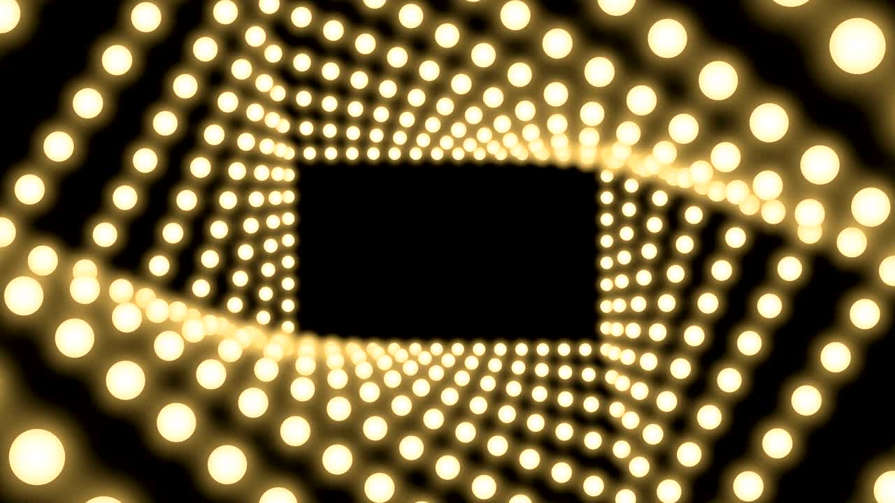 Tunnel Incandescent light bulb box frame rectangle shape swirl rotate moving pattern, retro 3D virtual style illustration glow in dark background seamless looping animation 4K, with copy space