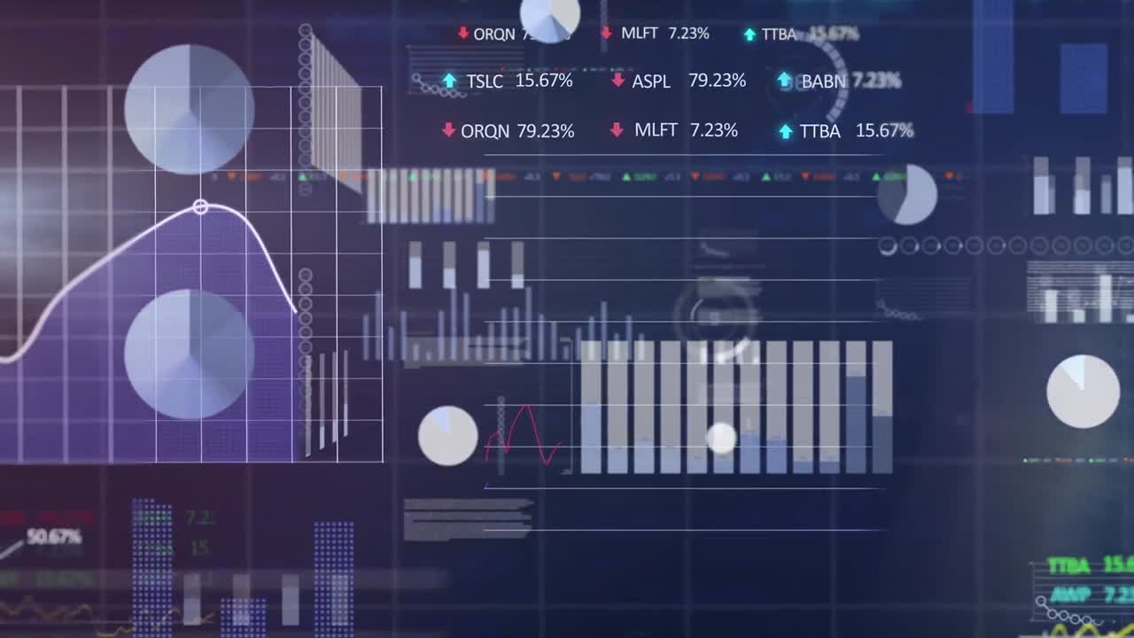 Animation of statistical and stock market data processing over grid network against blue background