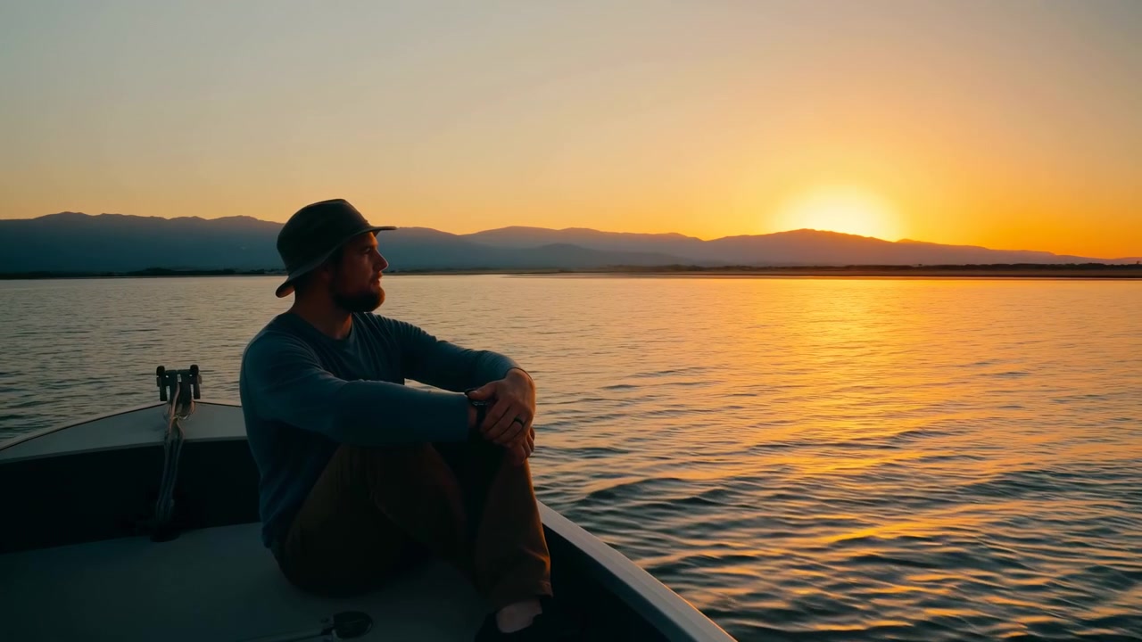 Uomo seduto con cappello a tesa larga riposa con le braccia intorno alle ginocchia sollevate vicino alla prua della barca, mentre una luce dorata si diffonde sull'acqua increspata e creste montuose scure delineano l'orizzonte lontano