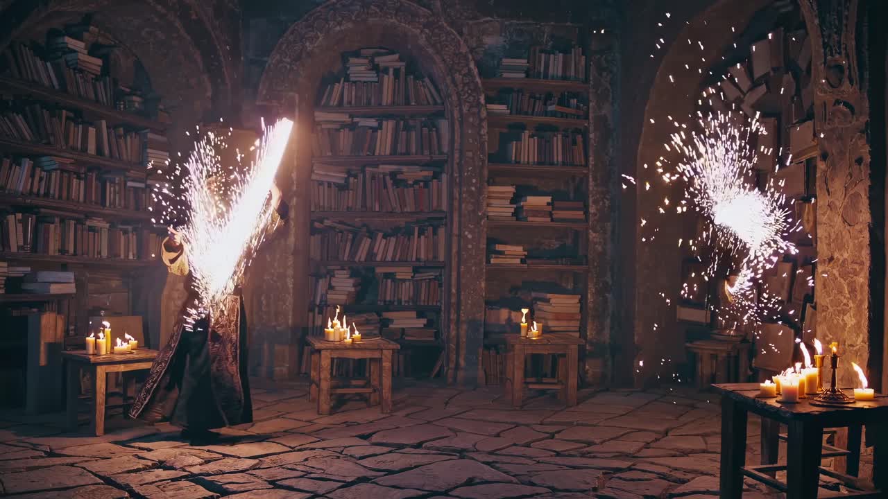 A wizard in a dimly lit library casts a spell, sparks flying. The video captures a magical ambiance