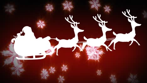 Santa-claus-in-sleigh-being-pulled-by-reindeers-against-snowflakes-floating-on-red-background