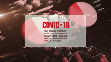 coronavirus text banner over covid-19 cells spinning against statistical data processing