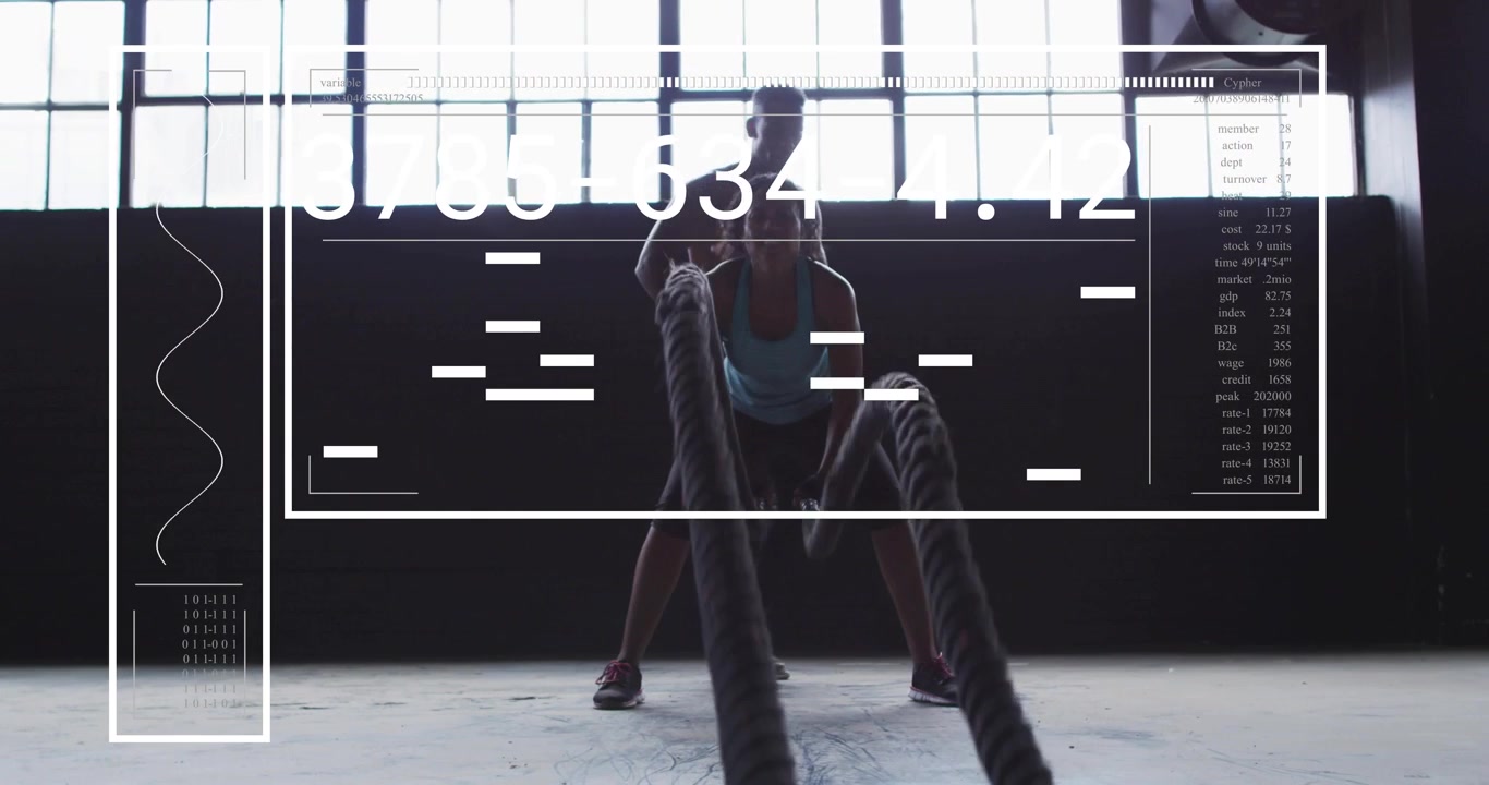 Woman doing rope waves and slams for fitness training as coach cues speed, with numeric overlay