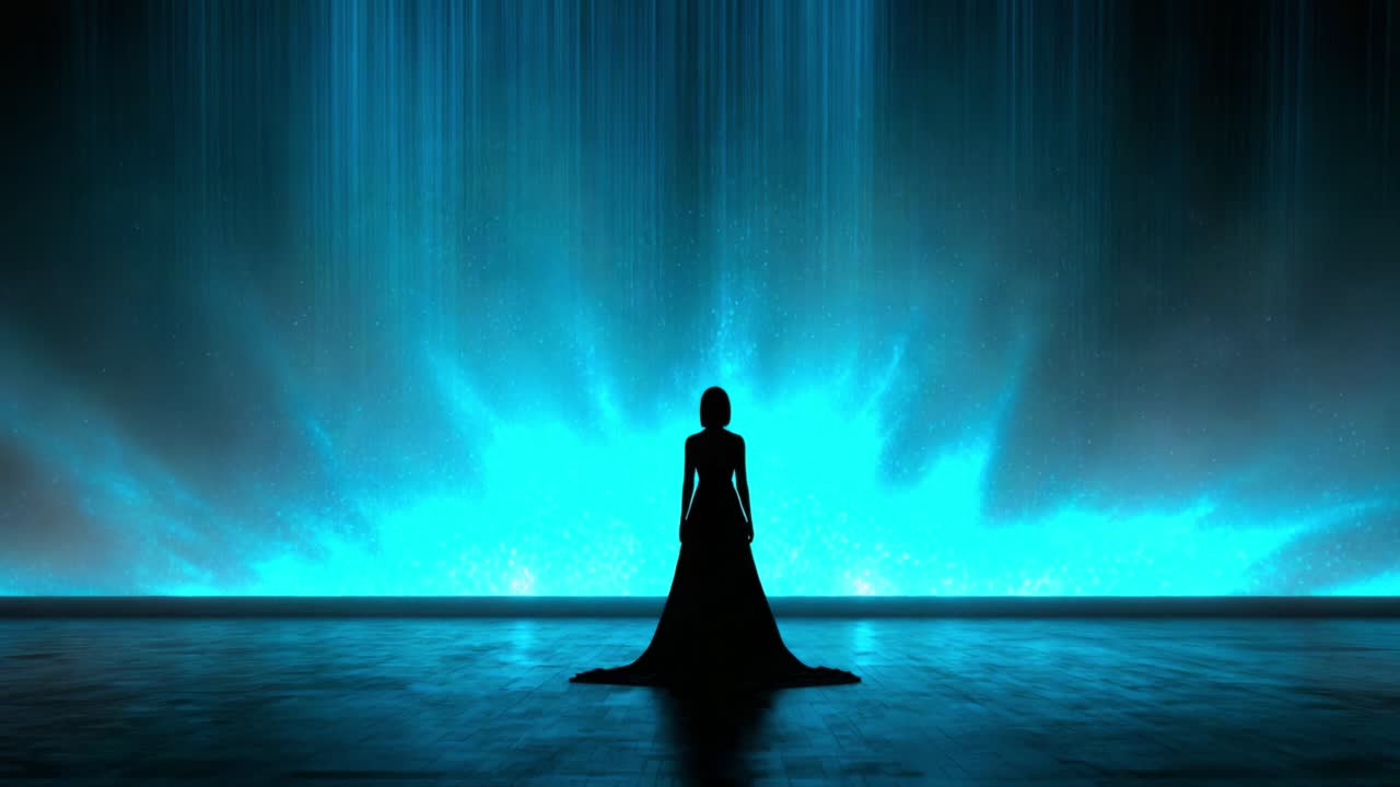 A stunning visual representation of solitude and beauty, featuring a silhouette of a figure in a flowing garment against a mesmerizing backdrop of cascading blue light and cosmic elements