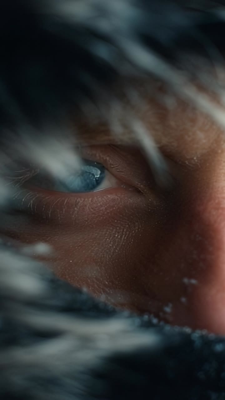 Intense Close-Up of a Person's Eye Surrounded by Fur, Capturing Emotion and Environment in a Cold, Wintry Setting, Full of Mystery and Intrigue