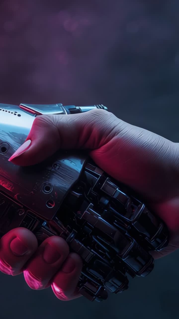 Vertical video: Entering female hand wrapping around robotic hand in studio, with purple blue light