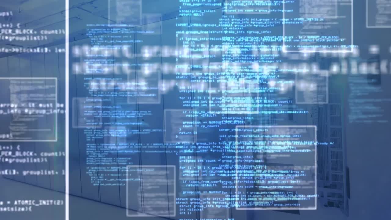 animación de cuadrados en lenguaje informático contra la sala de servidores en segundo plano