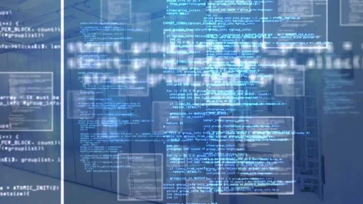 Animation of squares over computer language against server room in background