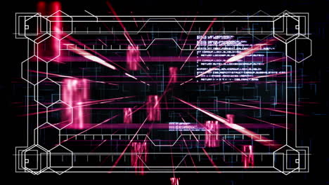 animación de hexágonos y procesamiento de datos en espacio digital negro y rojo