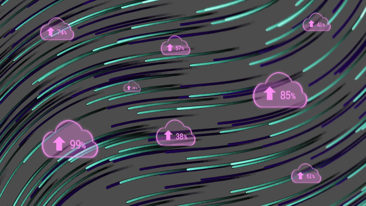 Multiple cloud icon with increasing percentage against light trails moving on grey background