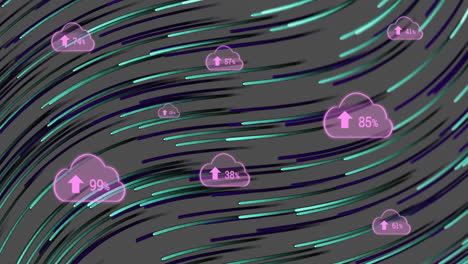 icono de nube múltiple con porcentaje creciente contra rastros de luz que se mueven sobre un fondo gris
