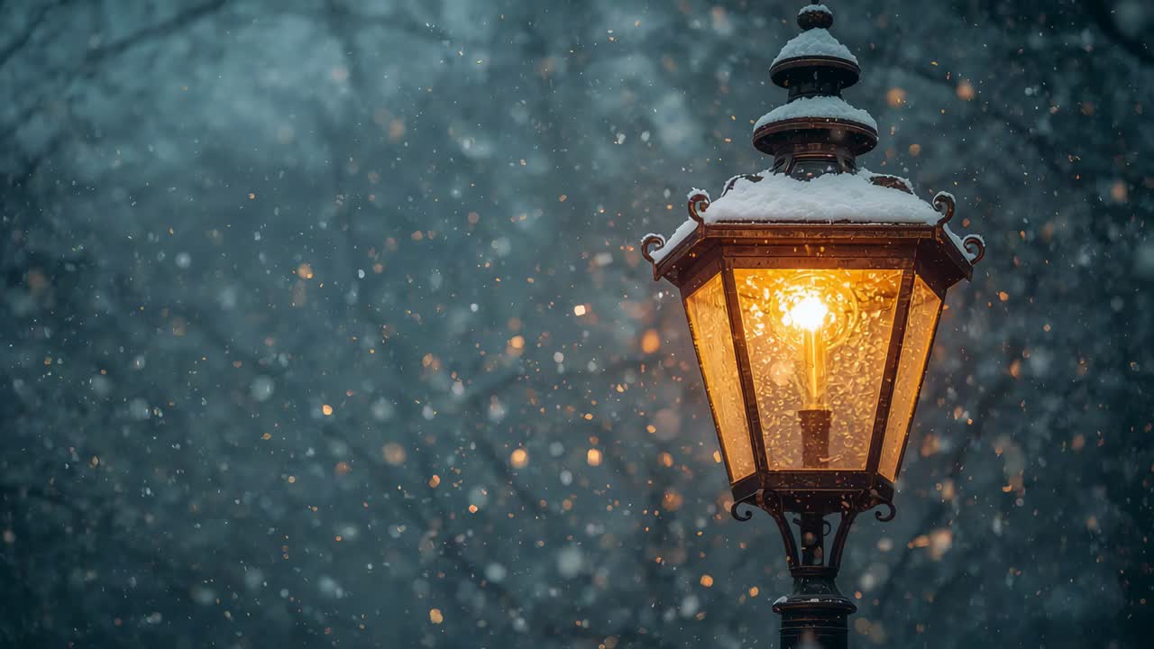 Nevicata in aumento, filamento di una lampada antica che brilla in un parco, neve che si accumula sul vetro, copy space