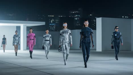 futuristic fashion showcase: a stunning display of cutting-edge style, metallic textures, and innovative designs under city lights