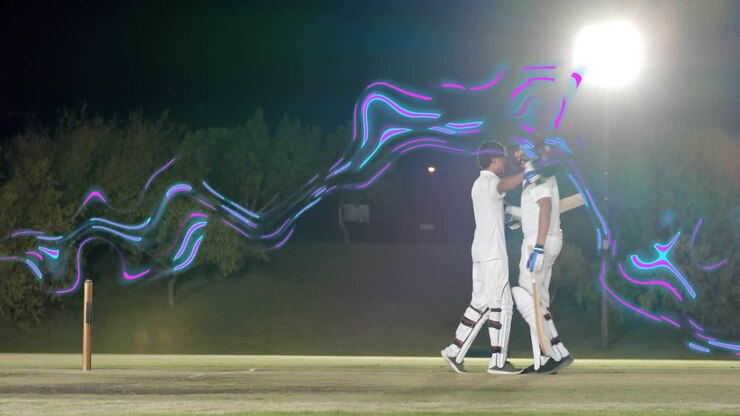 Giocatore di cricket che colpisce la palla, tira e corre per un singolo con scia al neon che segue la mazza e pugno chiuso