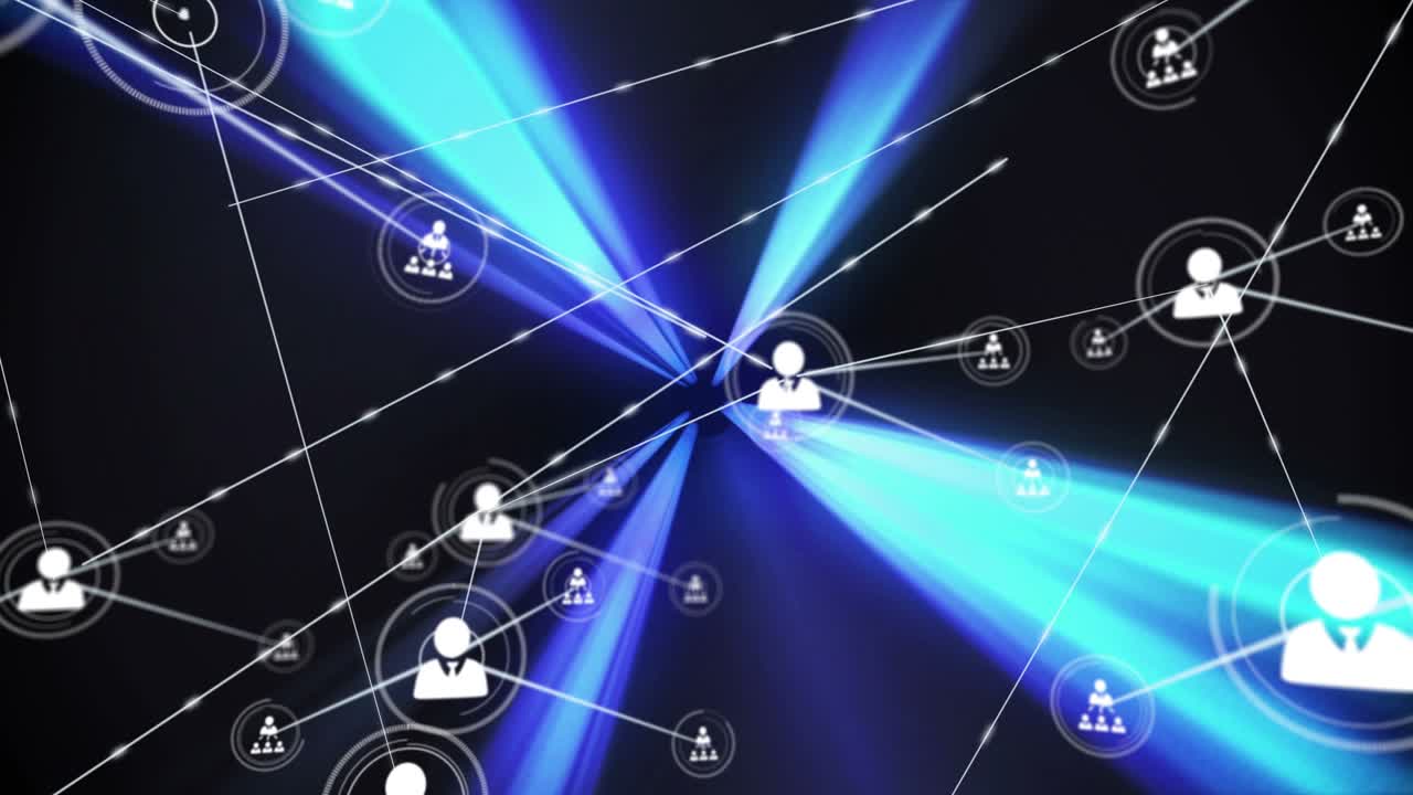 Animation of network of connections with icons over light trails on black background