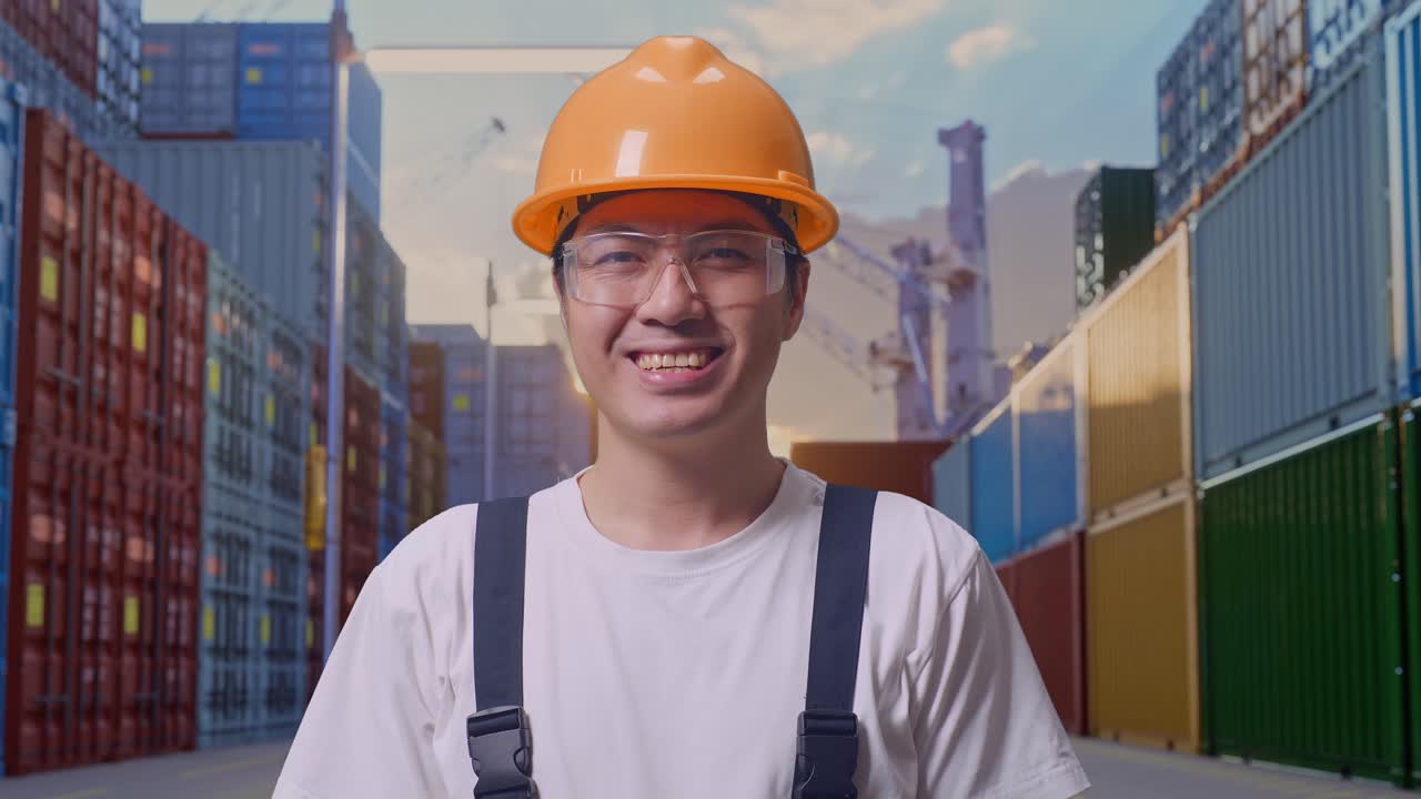 Close Up Of Asian Man Worker Wearing Goggles And Safety Helmet Standing And Smiling To Camera At Container Yard Warehouse
