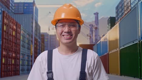 primer plano de un trabajador asiático con gafas de protección y casco de seguridad de pie y sonriendo a la cámara en el almacén del patio de contenedores
