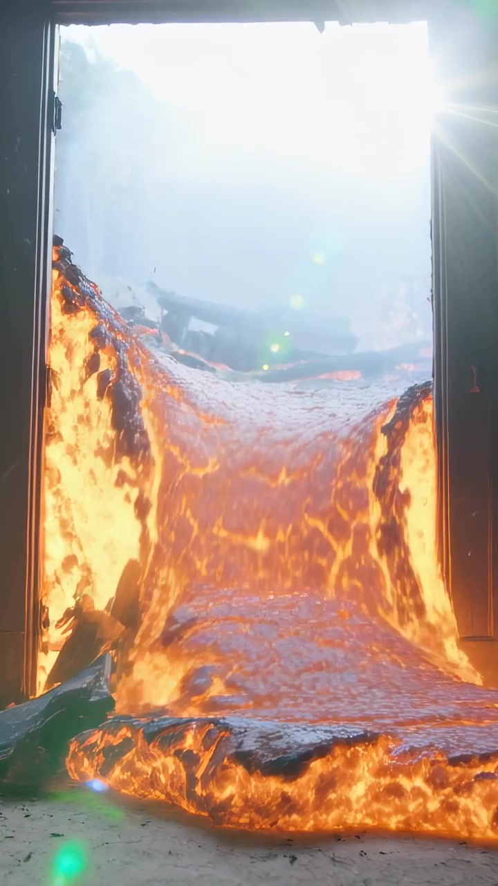 Video verticale: Flusso di materiale fuso che entra da una porta dopo la rottura di un vetro, riempiendo il pavimento della stanza.