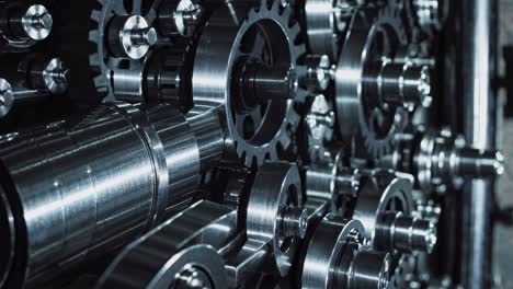 close-up video of intricate metal gears in motion, showcasing industrial precision