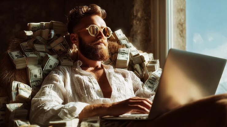 A stylishly relaxed man basking in sunlight surrounded by stacks of cash while working on his laptop, exuding confidence and success in a luxurious setting