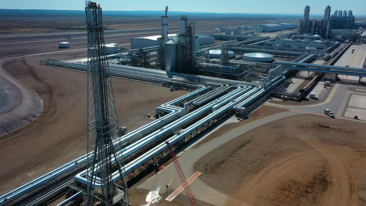 Aerial View of a Large Industrial Plant with Extensive Pipelines