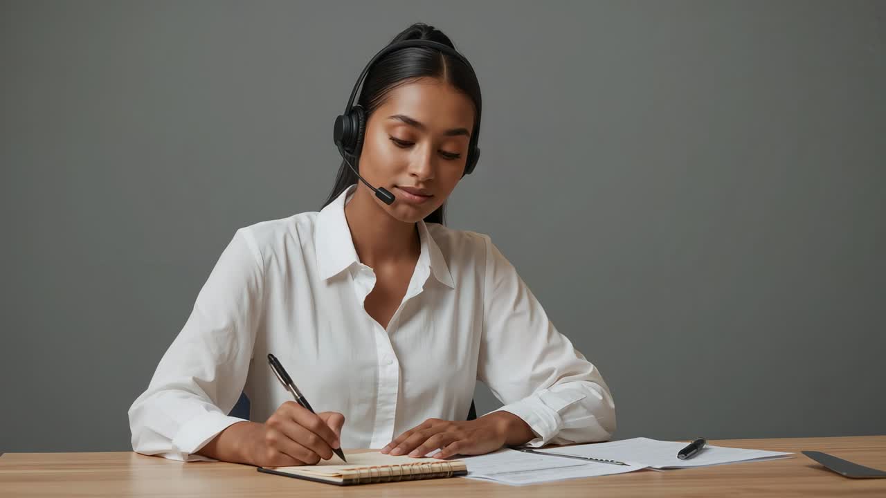 Answering incoming call, agent in white blouse noting client info at desk with headset pen notebook