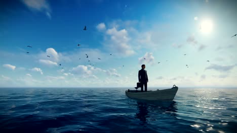 businessman with briefcase on a boat in the middle of the ocean surrounded by seagulls, drone view 4k