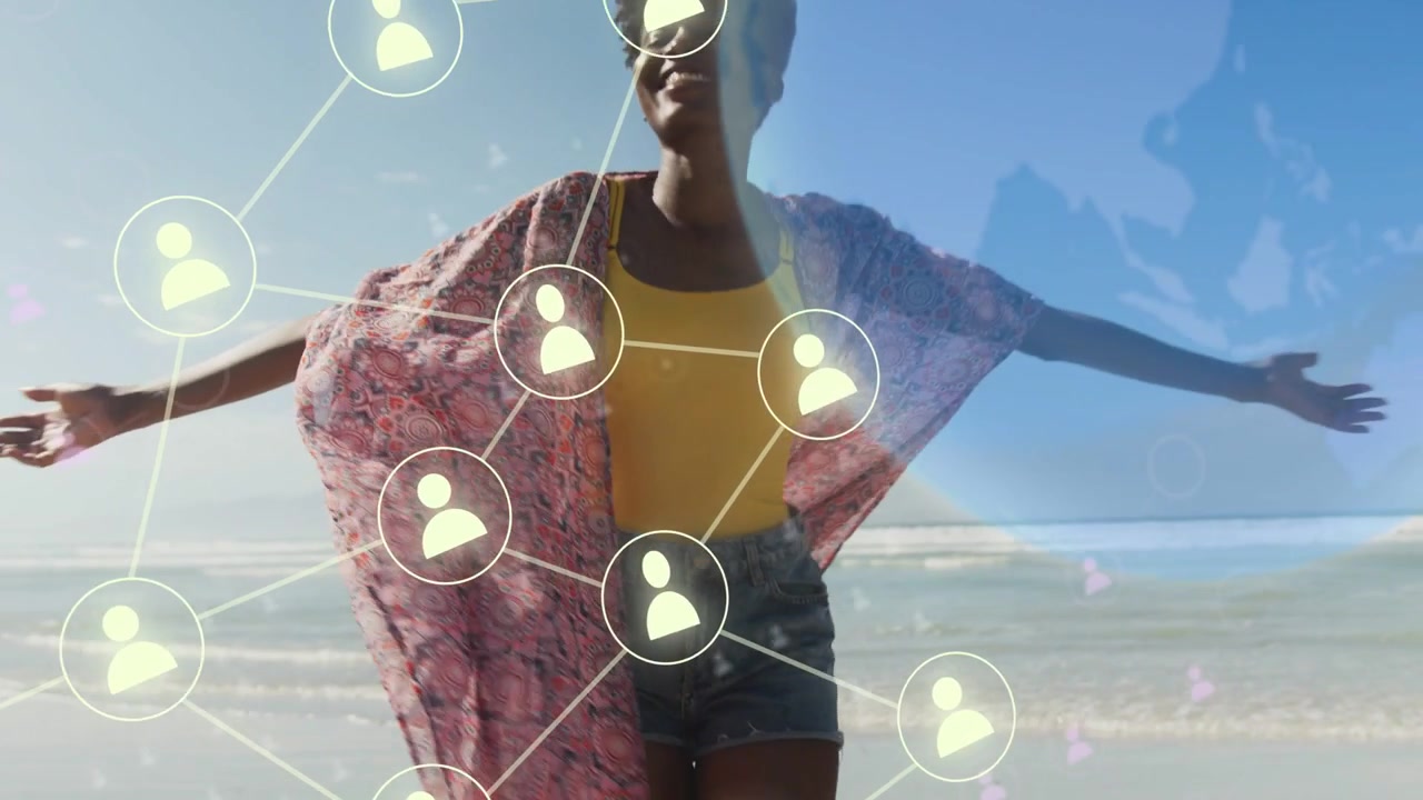 Femme se tournant sur la plage, provoquant l'expansion de nœuds de réseau et d'un globe, illustrant la technologie pour les spécialistes du marketing.