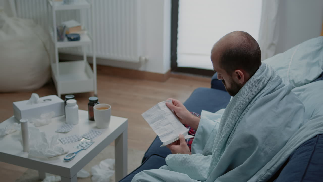 Vilustunut mies lukee lääkeohjeita