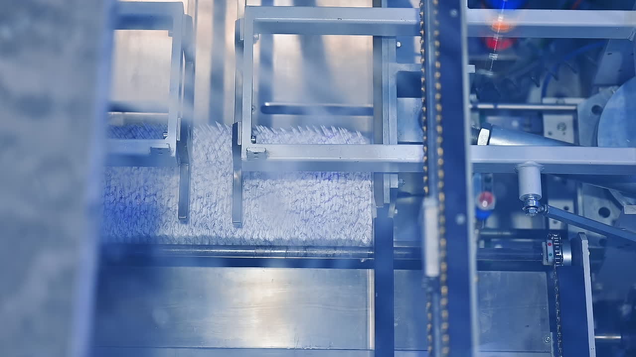 Factory industrial making pampers. A large roll of cellulose producing diapers.