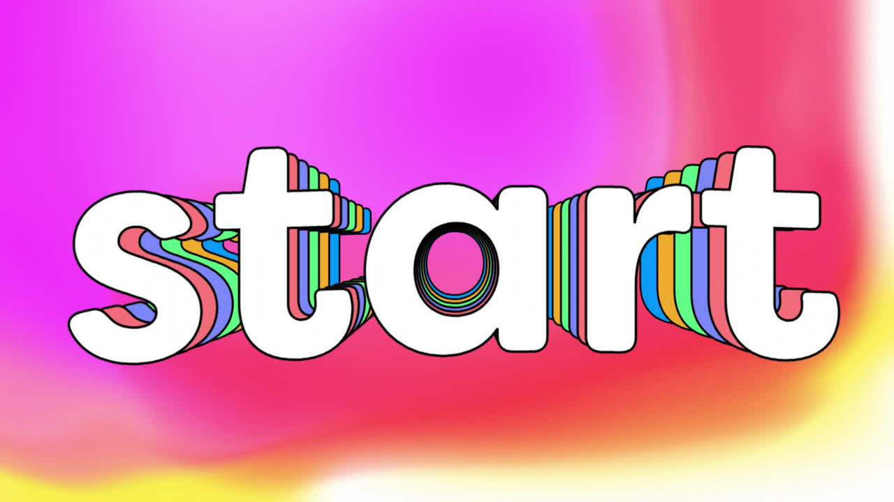 Animaatio "start"-tekstistä värikkään taustan yllä.