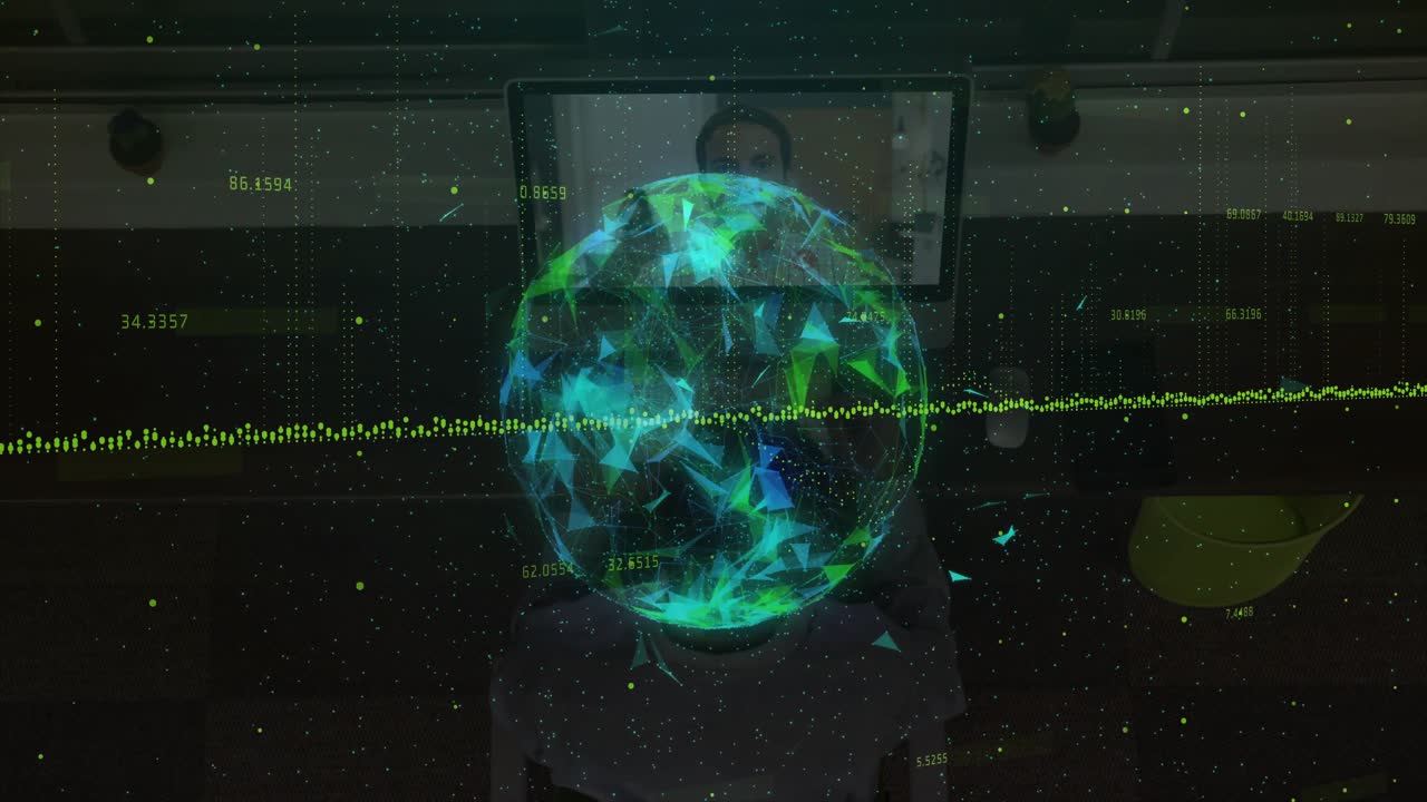 Presenter on data start projecting holo globe and waveform over torso, rotating for tech demo