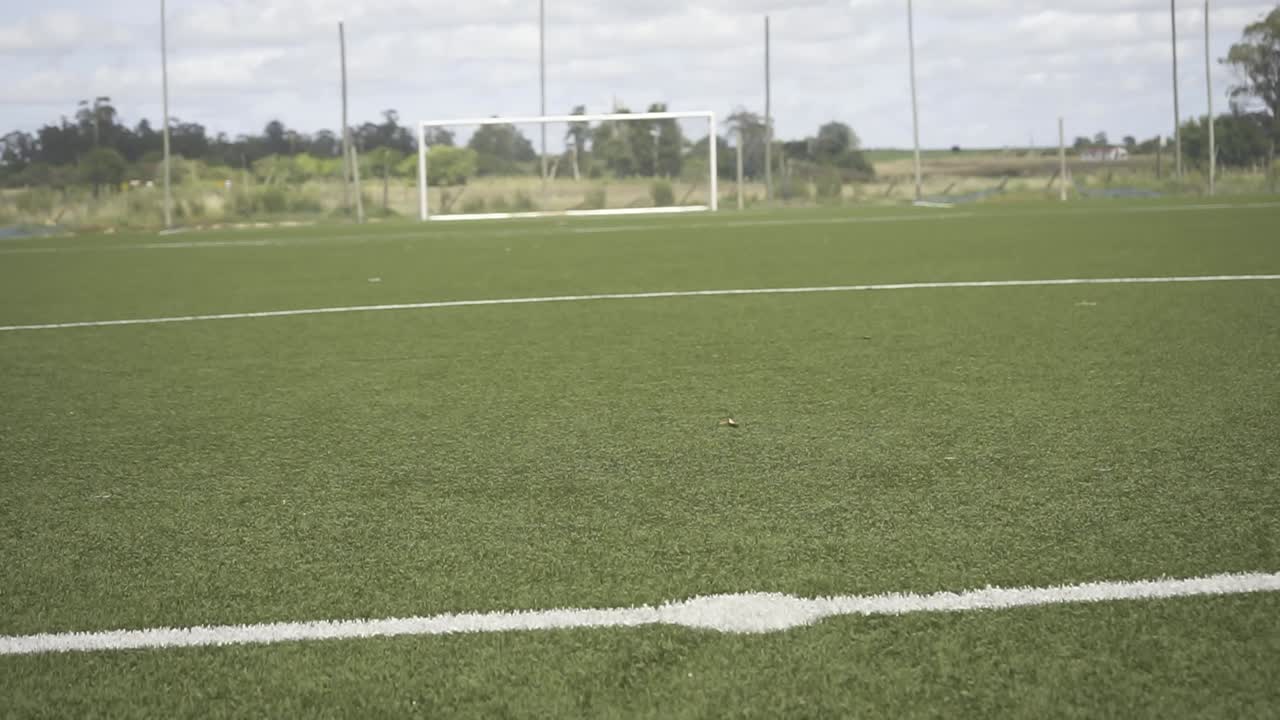 Lush green soccer field with white lines and a goal post, ready for a match under a bright sky