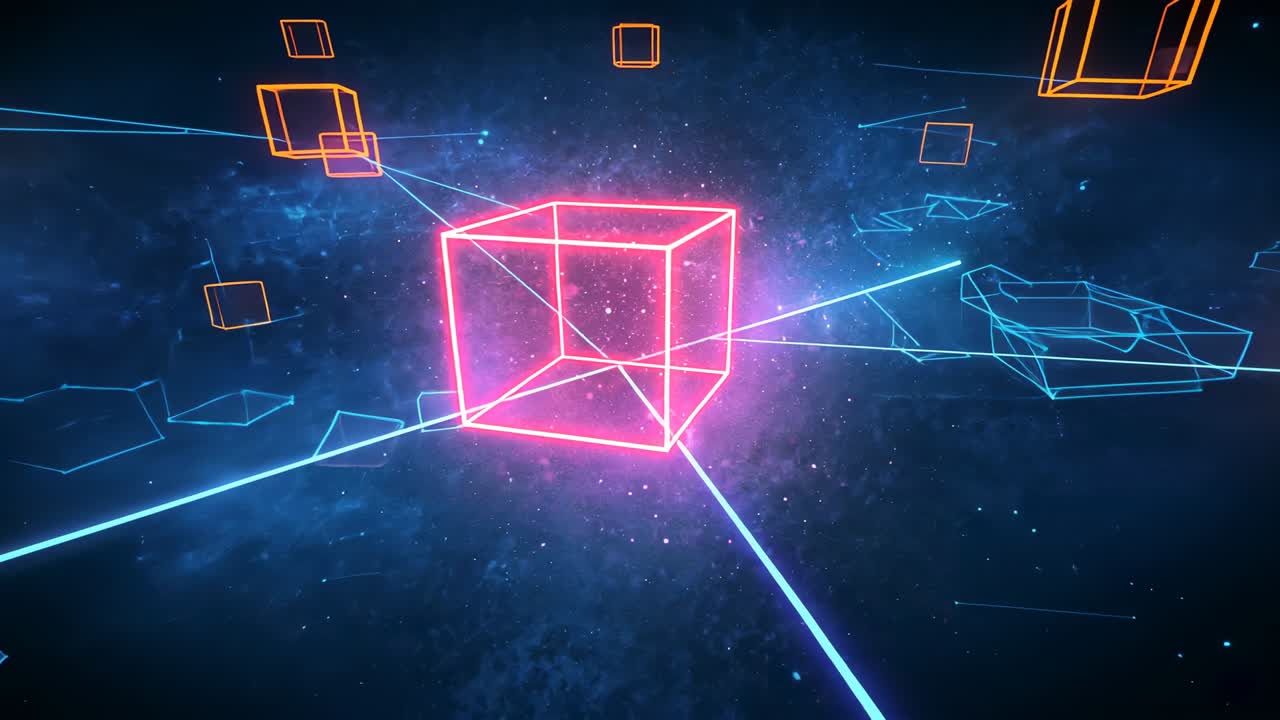Opening neon pink wireframe cube projecting cyan beams linking orange cubes in cosmic grid