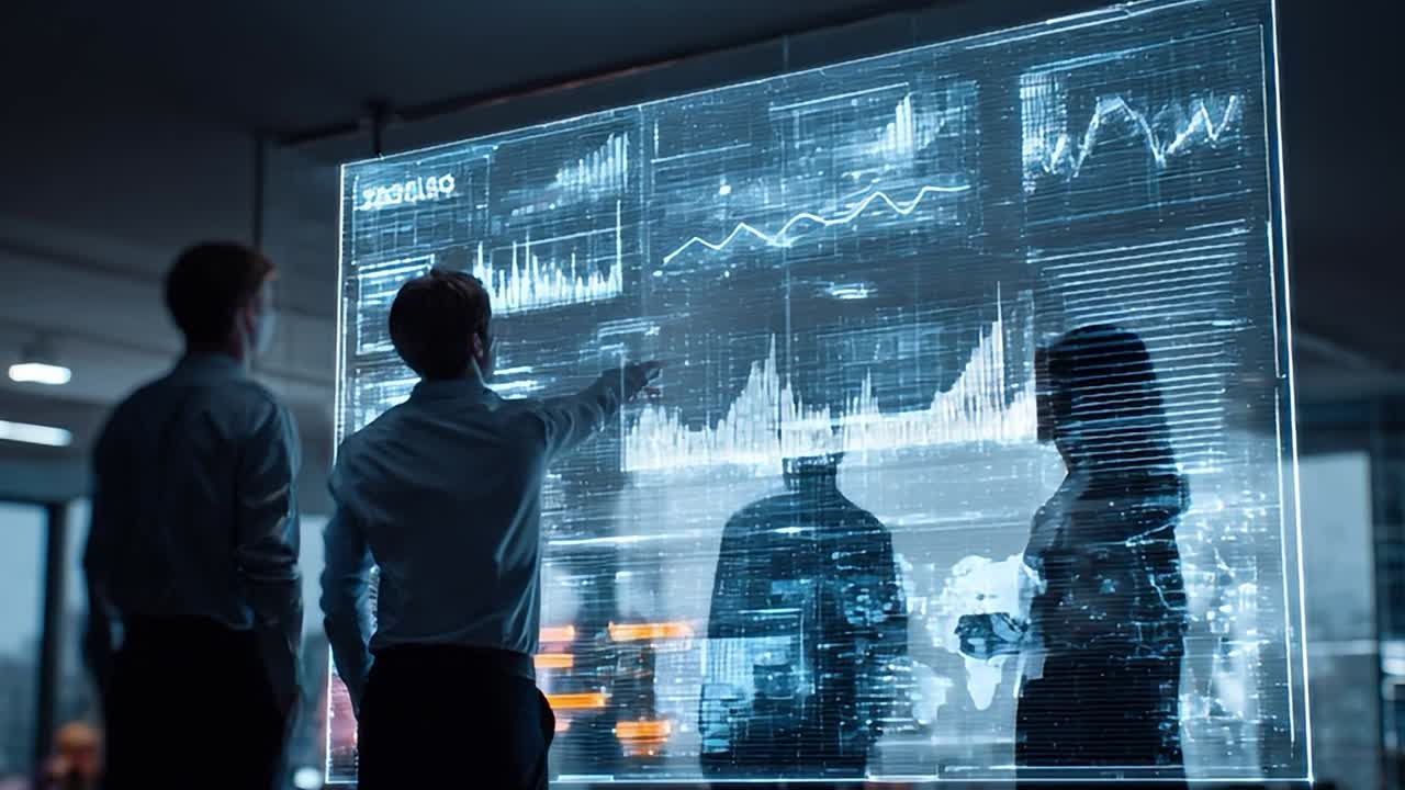 Business professionals analyze data on a futuristic screen in an office