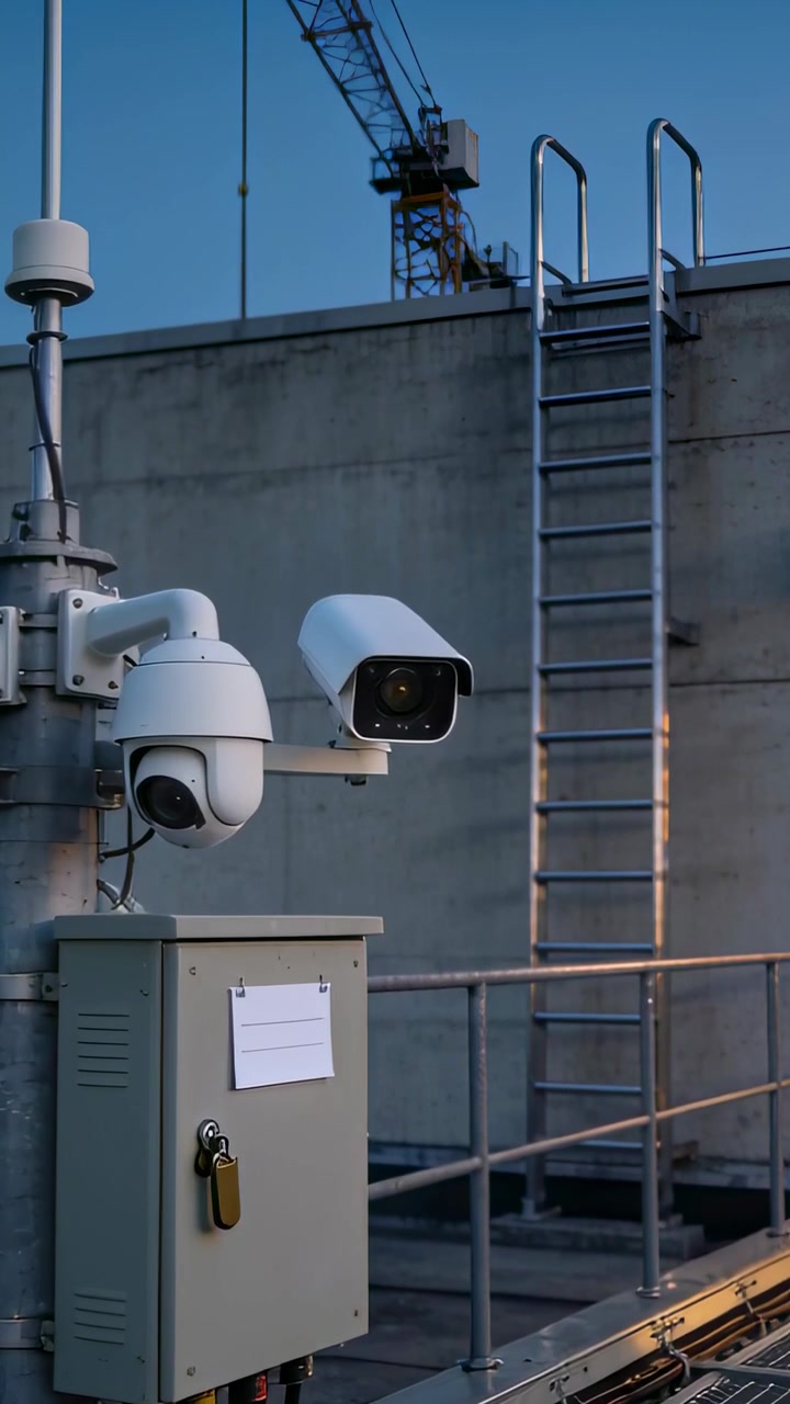 Video verticale: Palo panoramico che fa ruotare una telecamera bullet sul tetto, monitorando l'area, con spazio per il testo
