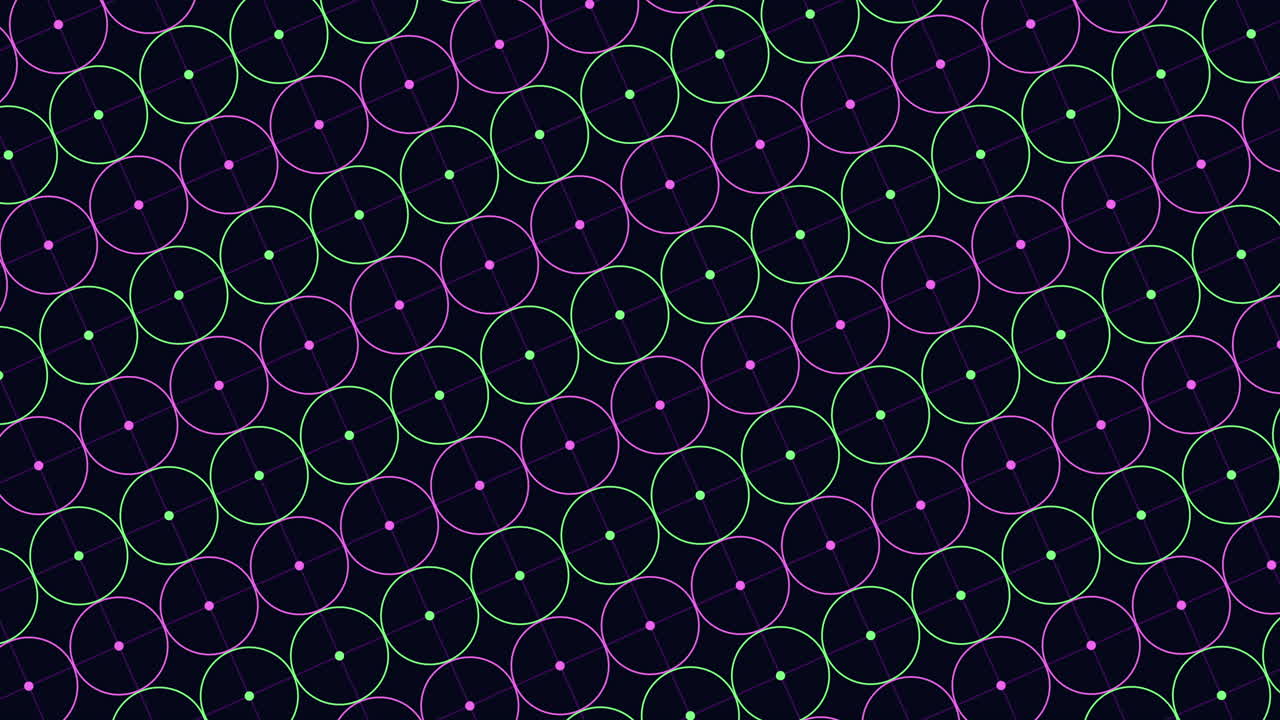 Symmetrical array of overlapping circles in purple and blue on a black background